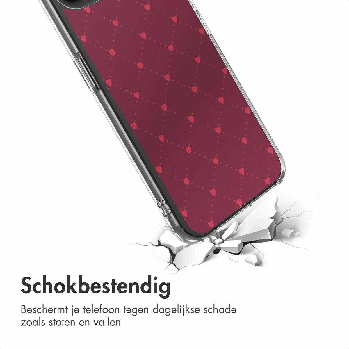 Een telefoonhoesje met rode hartjes valt, waardoor het oppervlak eronder barst. De telefoon zit in de hoes, beschermd.