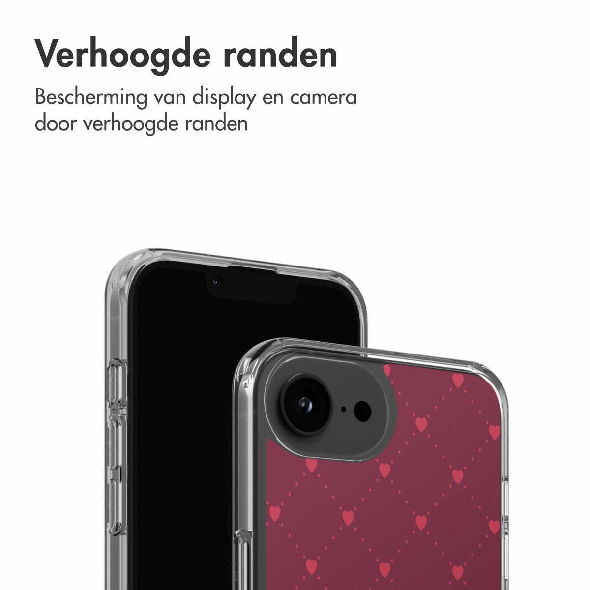 Er worden twee smartphones getoond, de ene achter de andere. De voorste telefoon heeft een hoesje met kleine rode hartjes op een donkere achtergrond.