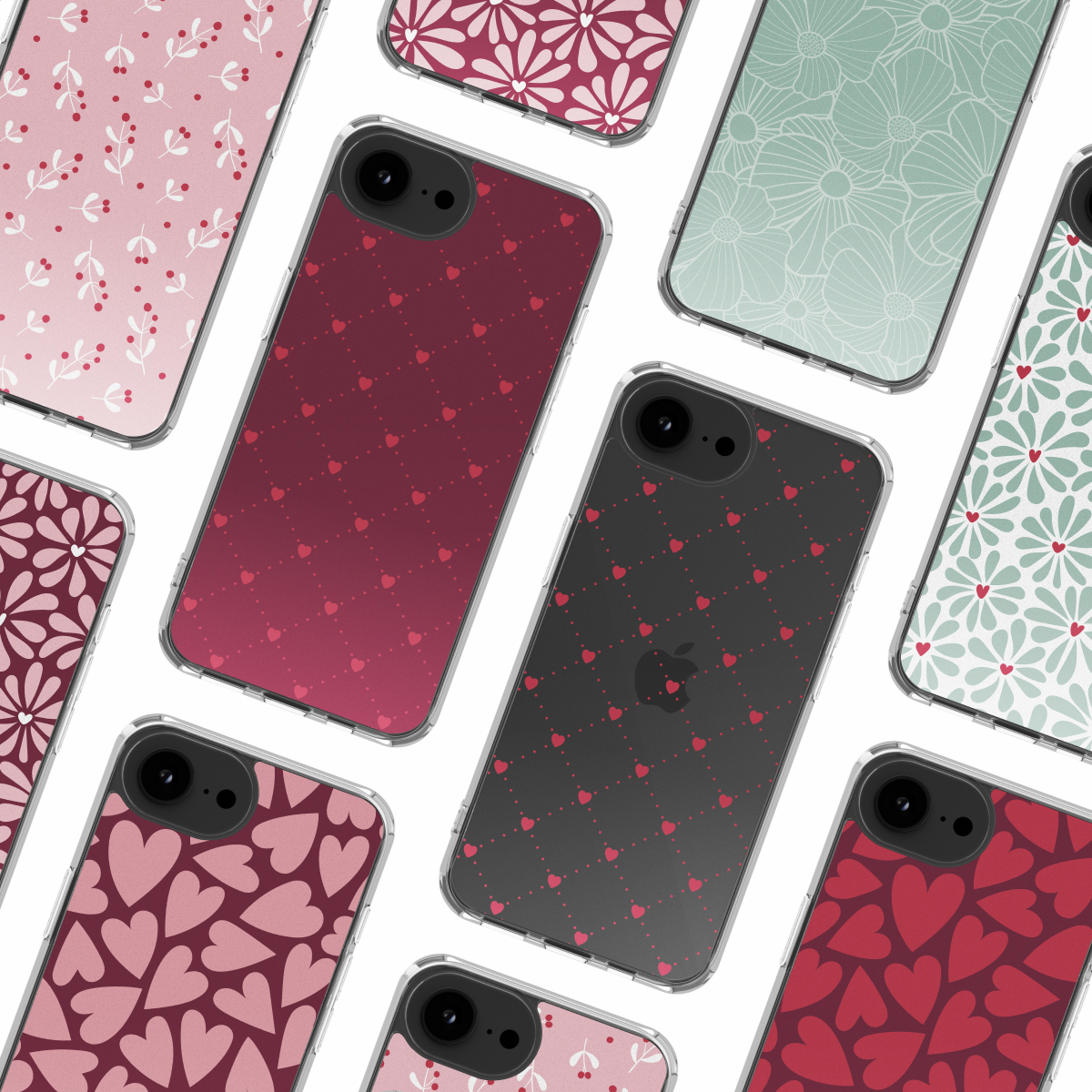 Verschillende telefoonhoesjes met diverse patronen, waaronder harten, bloemen en bladeren, worden getoond tegen een witte achtergrond.
