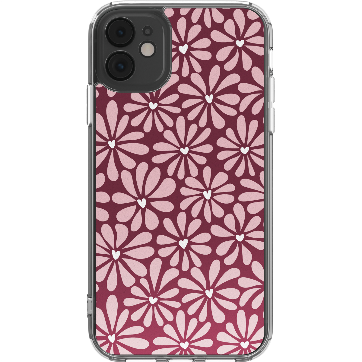 Coque d'iPhone avec motif floral. Fleurs roses avec cœurs blancs sur fond bordeaux. Cadre de coque transparent.