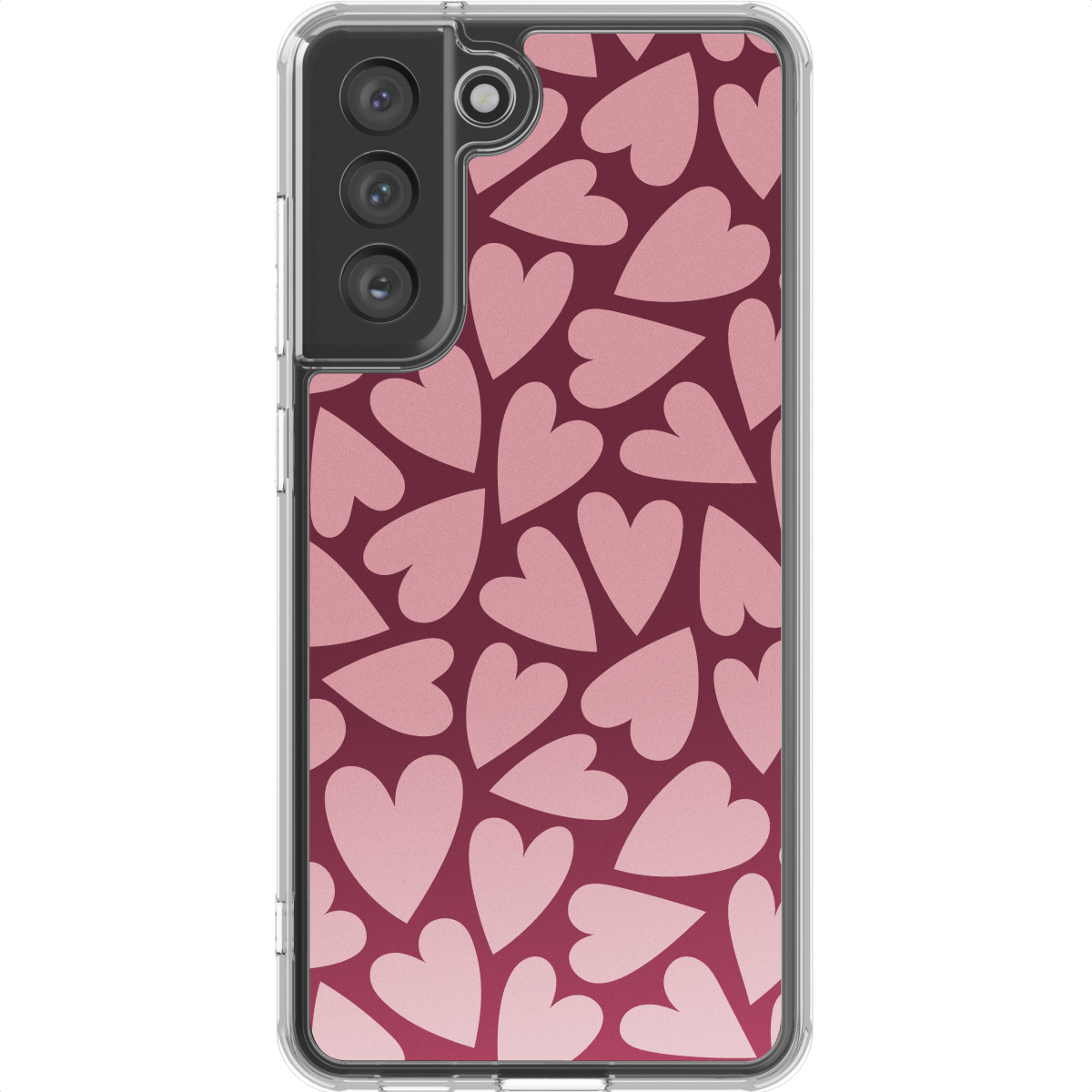 Una custodia per smartphone con un motivo a cuori rosa su sfondo rosso scuro. La custodia ha un bordo trasparente e un'area fotocamera.