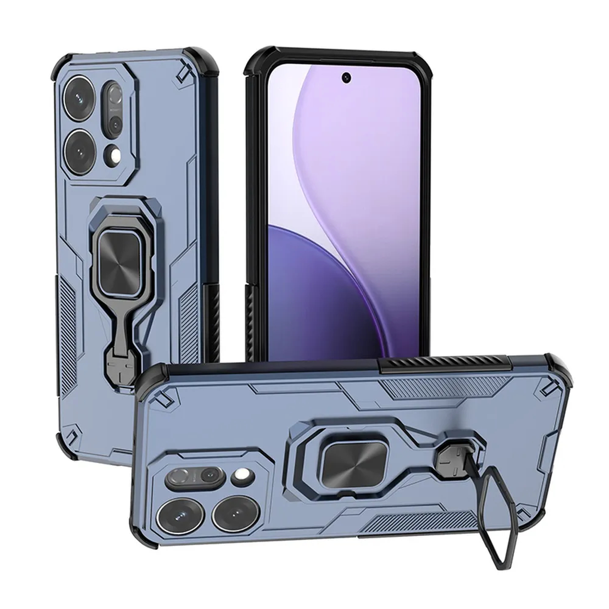 Drie blauwe telefoonhoesjes. Eén heeft een telefoon erin. Allemaal hebben zwarte accenten en een ringhouder. De camera-uitsparingen zijn zichtbaar.