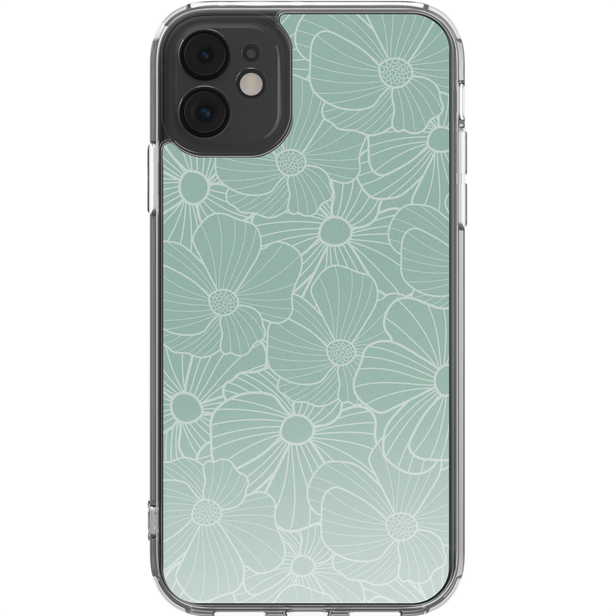 Una custodia per telefono con motivo floreale. Presenta uno sfondo verde menta con contorni di fiori bianchi. Il telefono è visibile.