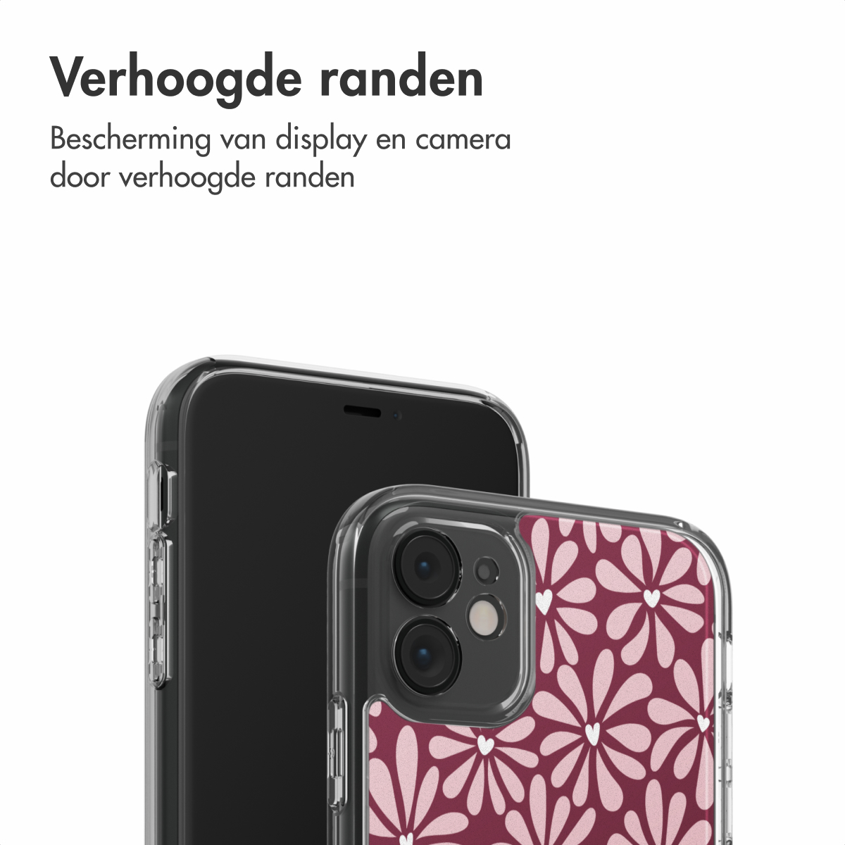 Deux smartphones, un noir, un avec une coque à motifs floraux. Les deux dans des étuis de protection transparents. Texte en haut: 'Bords surélevés'.