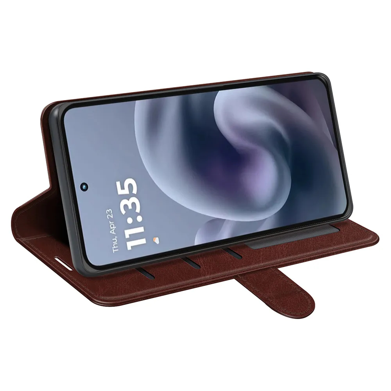 Een smartphone in een bruine leren hoes, met de tijd 11:35. De hoes is open en ondersteunt de telefoon.