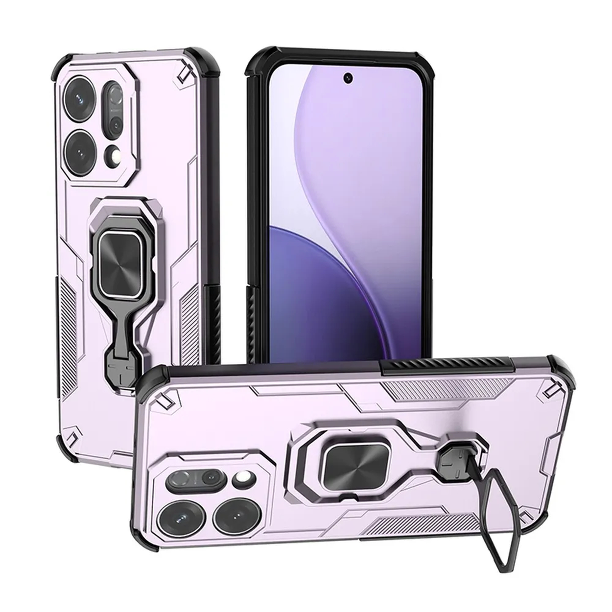 Trois étuis de protection pour téléphone en violet clair avec bordure noire. Un étui contient un téléphone. Chaque étui a un support de bague.