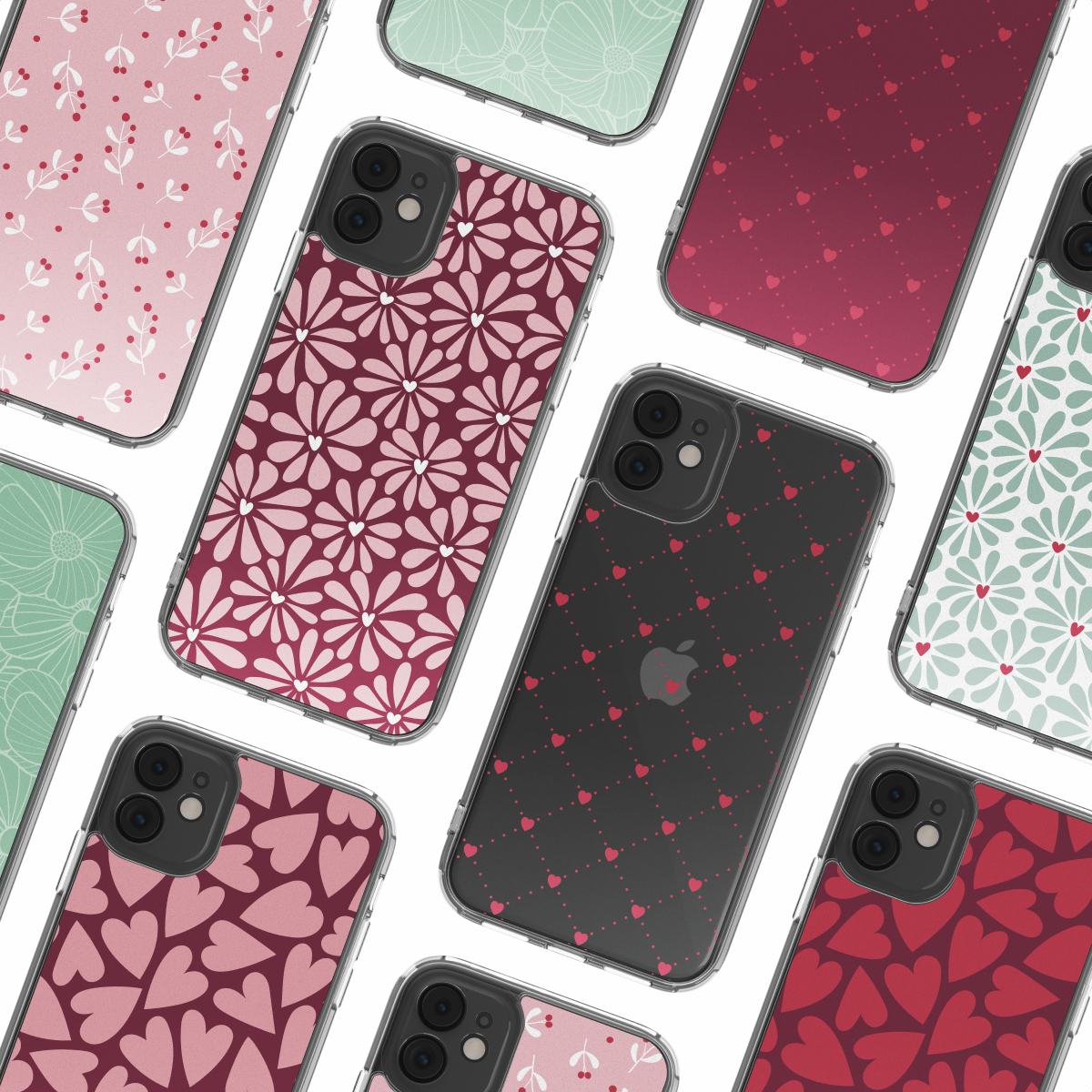 Collection d'étuis de téléphone avec divers motifs floraux et de cœurs en rose, bordeaux et noir. Chaque étui a une bordure transparente.