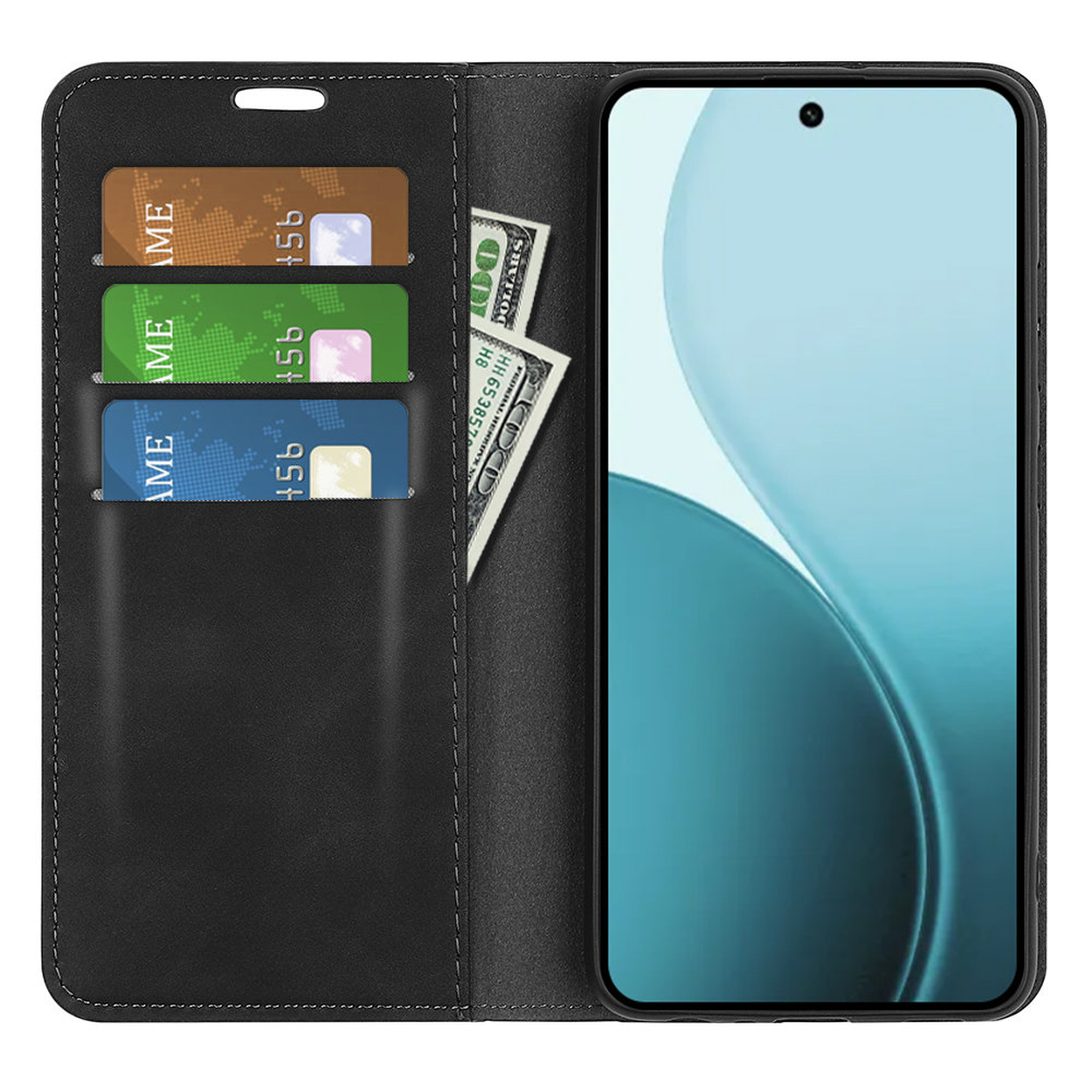 Étui de téléphone noir avec un téléphone, trois cartes et de l'argent. L'écran est bleu clair. Les cartes sont marron, vertes et bleues.
