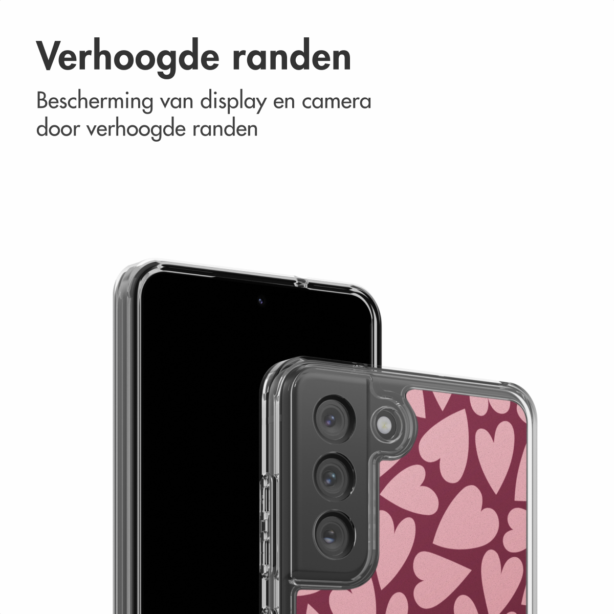 Uno smartphone con una custodia protettiva trasparente. La custodia ha cuori rosa su sfondo bordeaux. Lo schermo è nero.