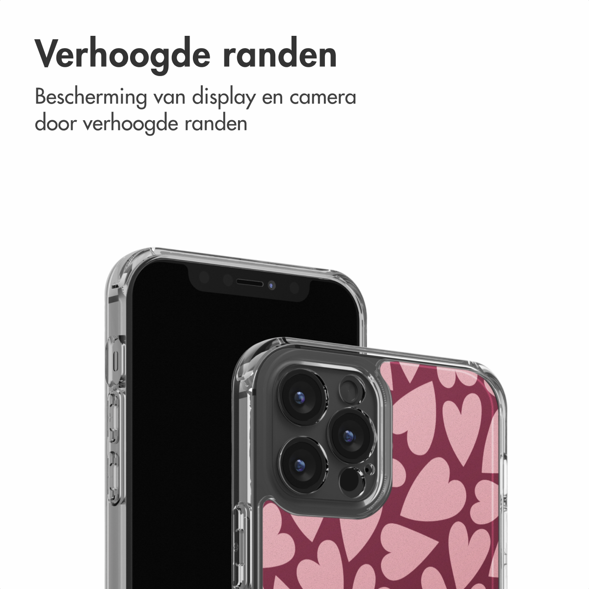 Deux smartphones avec des étuis de protection. Un étui a un motif de cœurs roses sur fond rouge. L'autre téléphone est noir.