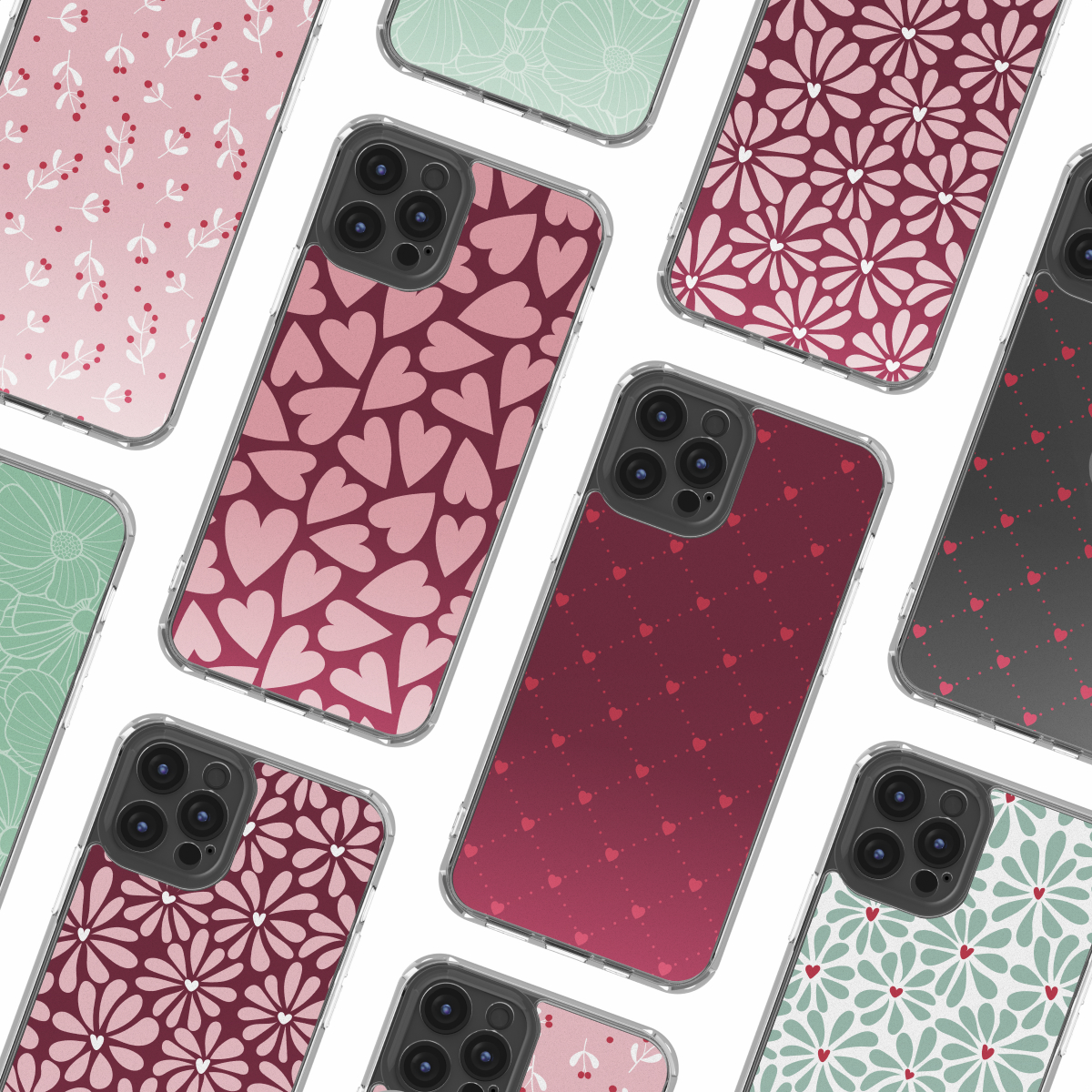 Une collection d'étuis de téléphone avec divers motifs : cœurs, fleurs et motifs à pois dans des tons roses, rouges et verts. Bords transparents.