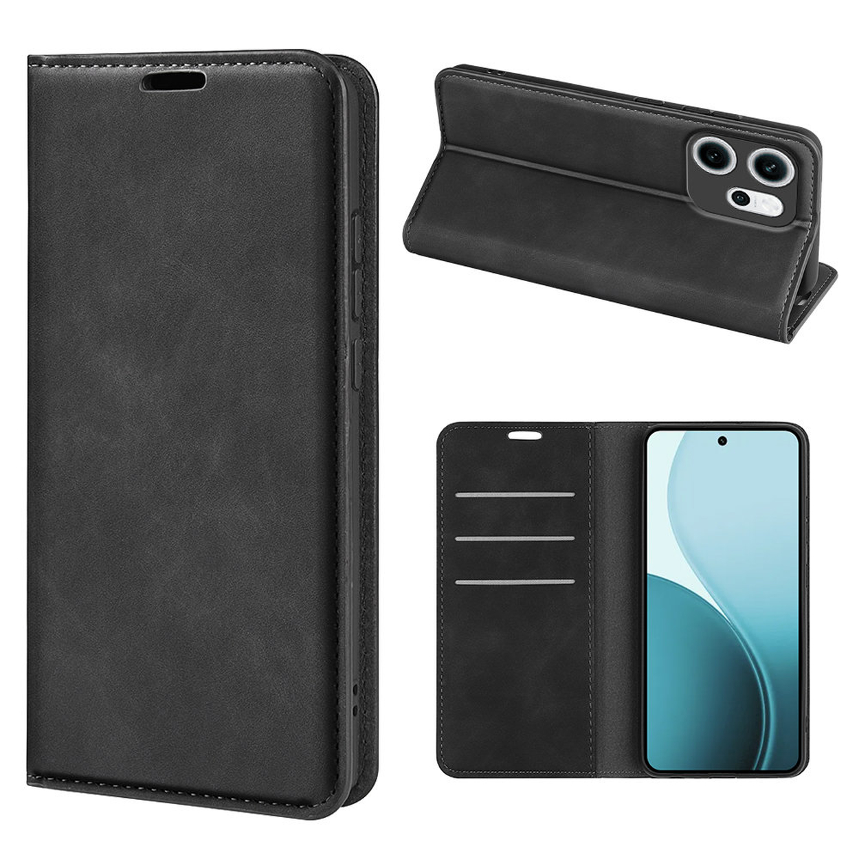 Étui de téléphone en cuir noir. Différentes vues : fermé, ouvert avec téléphone et téléphone dans l'étui. Comprend des découpes pour appareil photo et fentes pour cartes.