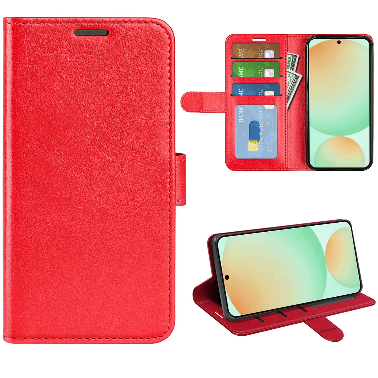Étui de téléphone rouge avec portefeuille, téléphone, cartes et espèces. Le téléphone est ouvert et en position de support. L'étui est en cuir.