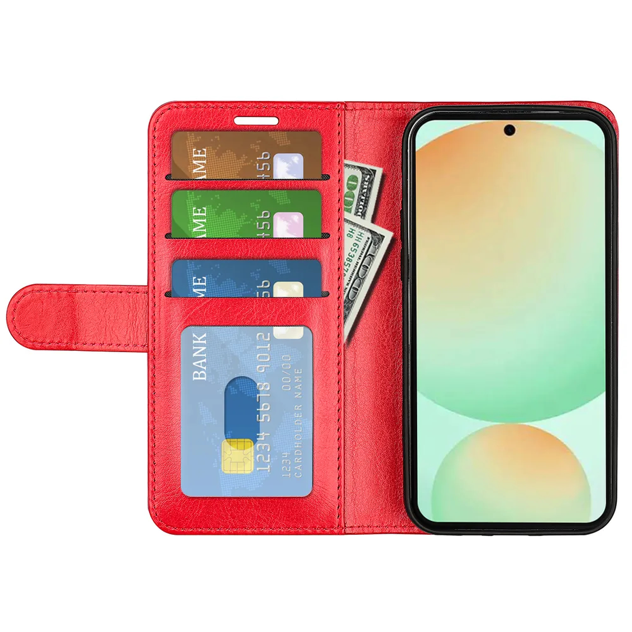 Étui de téléphone rouge ouvert, montrant cartes de crédit, argent liquide et un téléphone avec écran. Étui avec fentes et fermeture magnétique.