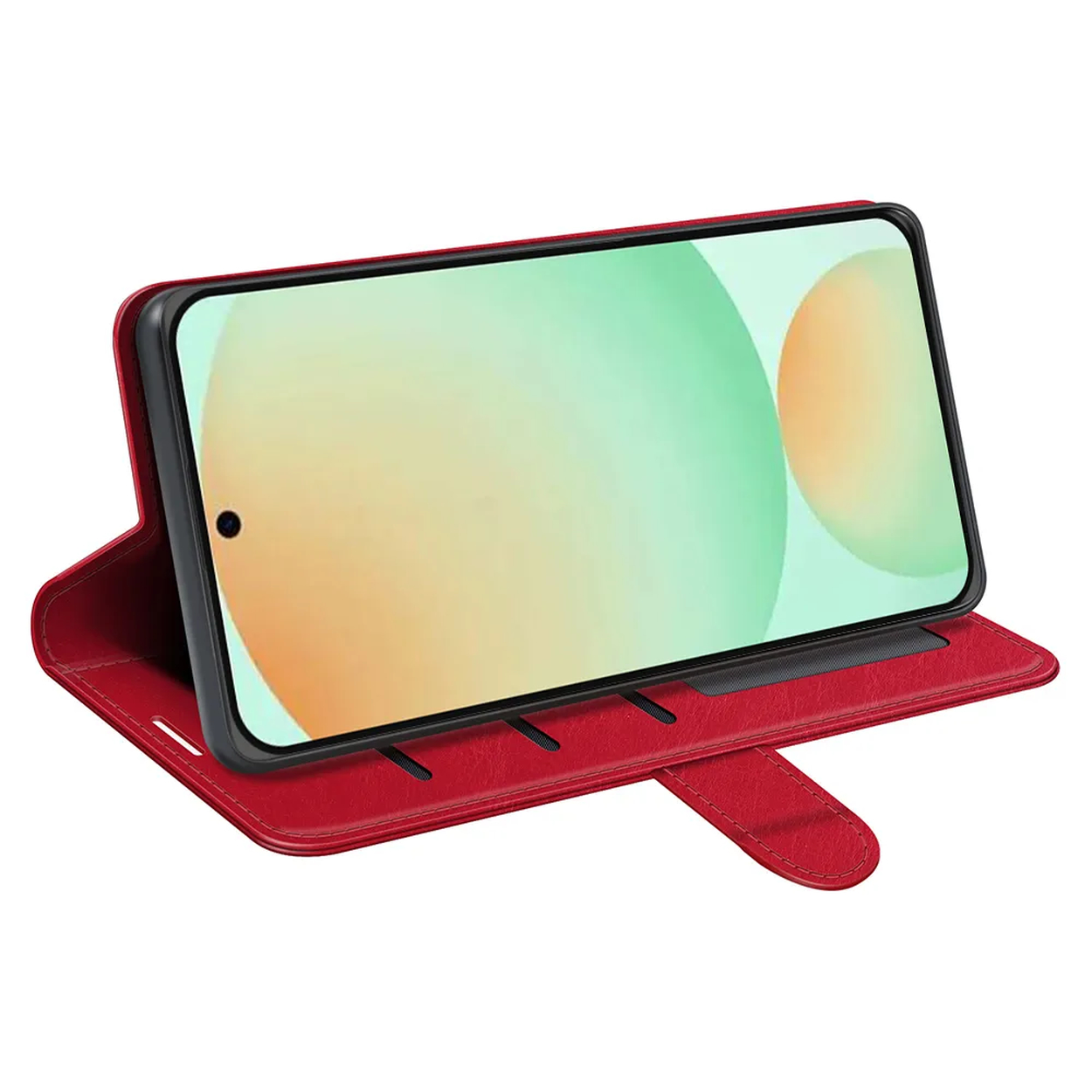Un étui de téléphone rouge avec un téléphone à l'intérieur. L'écran du téléphone affiche un dégradé vert et jaune.