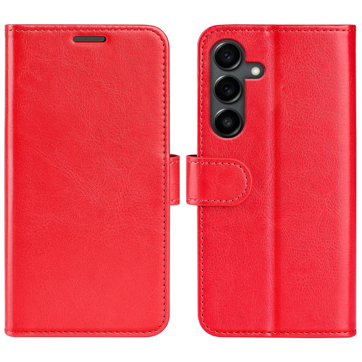 Un étui de téléphone en cuir rouge, ouvert, montrant la caméra du téléphone. L'étui a une fermeture magnétique et des coutures.