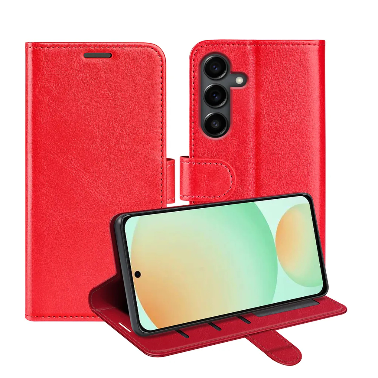 Étui de téléphone rouge avec un téléphone à l'intérieur. L'étui est ouvert et a un écran avec un fond dégradé. L'étui est en simili cuir.