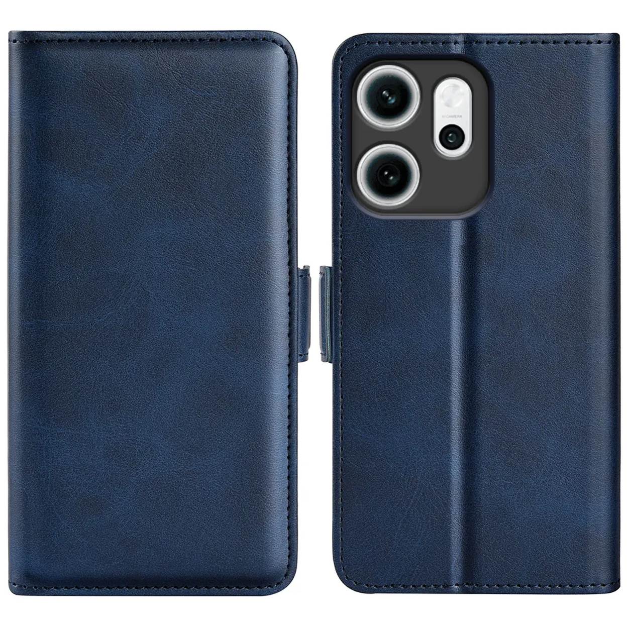 Un étui de téléphone en cuir bleu, ouvert à droite. Le téléphone est visible avec des lentilles de caméra. L'étui a une fermeture magnétique.