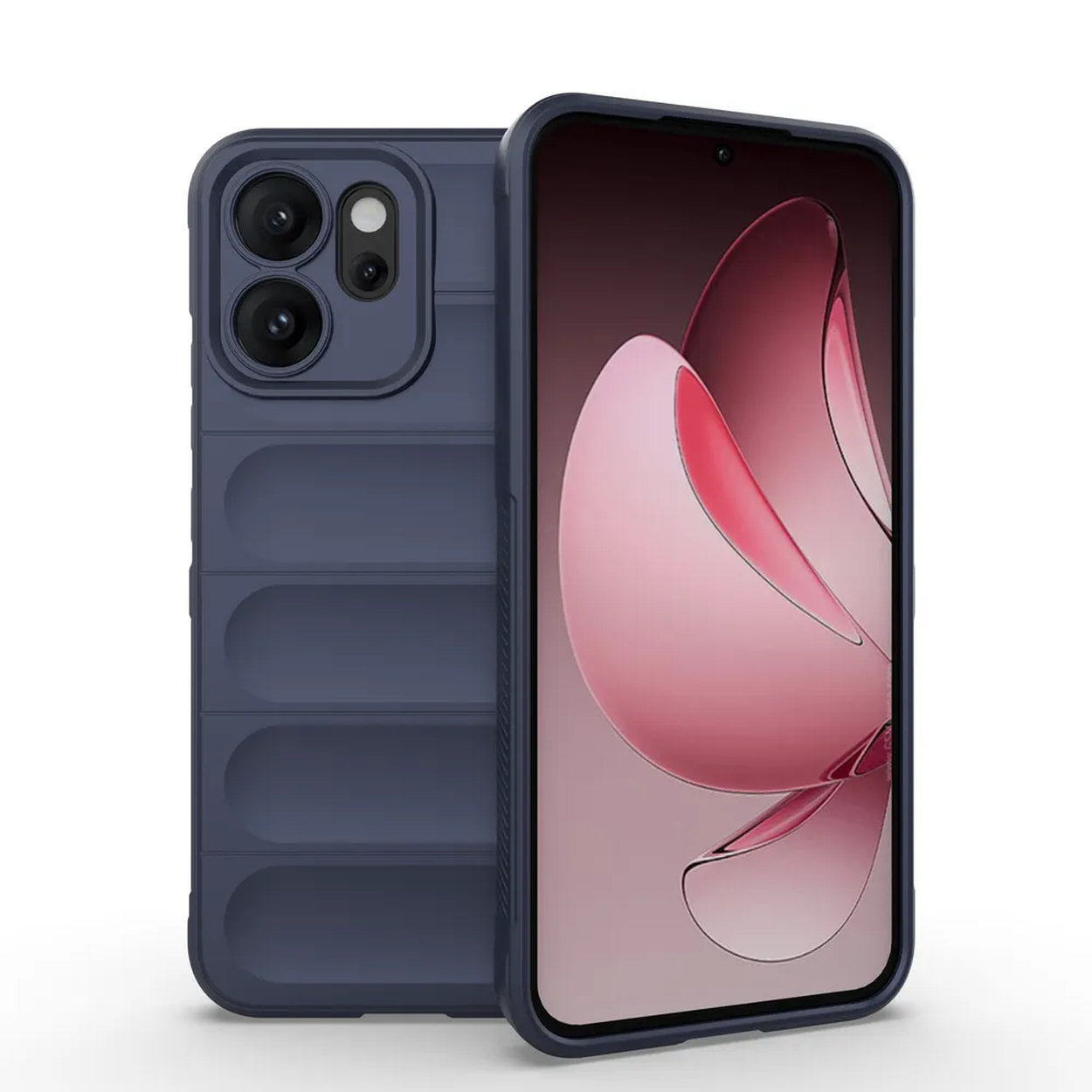 Deux smartphones bleu foncé avec étuis, l'un affichant un motif abstrait rose sur l'écran.
