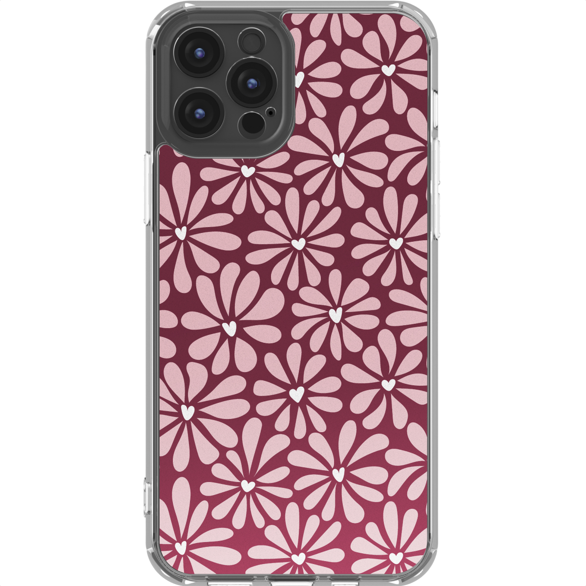 Transparente Handyhülle mit einem Blumenmuster aus rosa Blüten mit weißen Herzmitteln auf burgunderrotem Hintergrund.