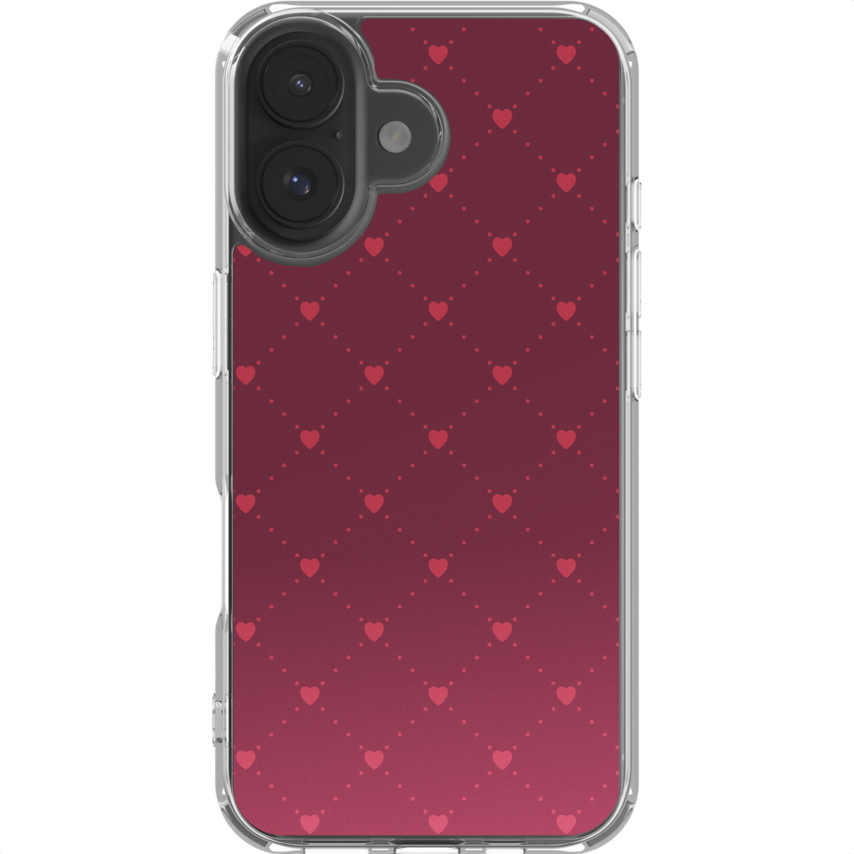 Telefoonhoesje met bordeauxrode gradiënt achtergrond. Kleine rode hartjes en stippen in een rasterpatroon. De hoes heeft een helder frame.