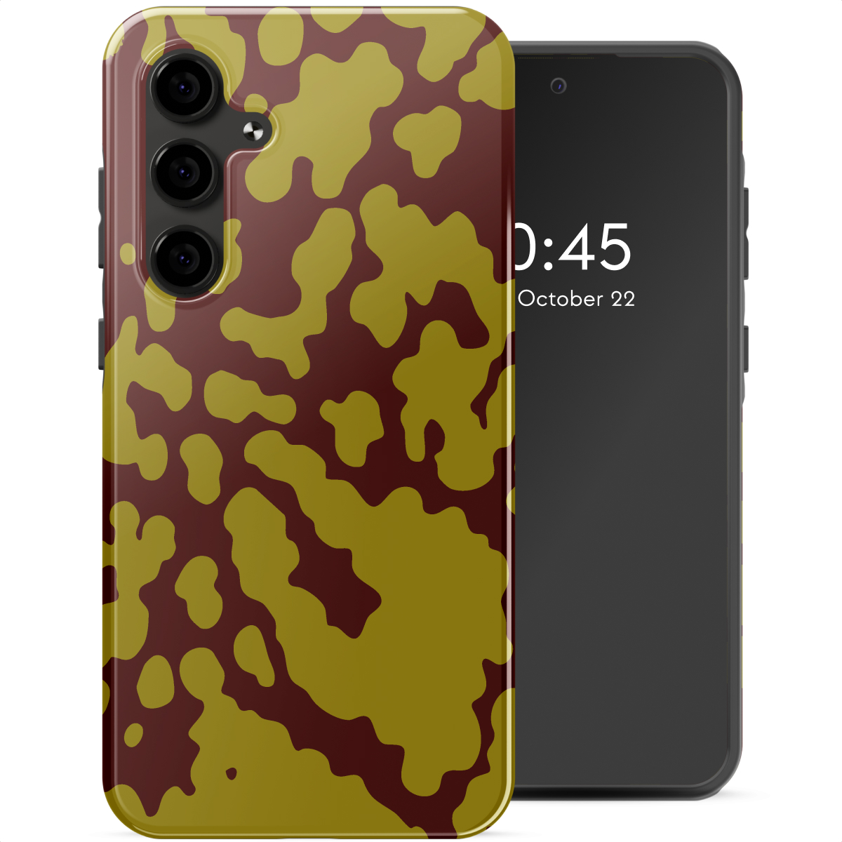Uno smartphone, con una custodia a fantasia marrone e verde oliva. Lo schermo mostra l'ora e la data.