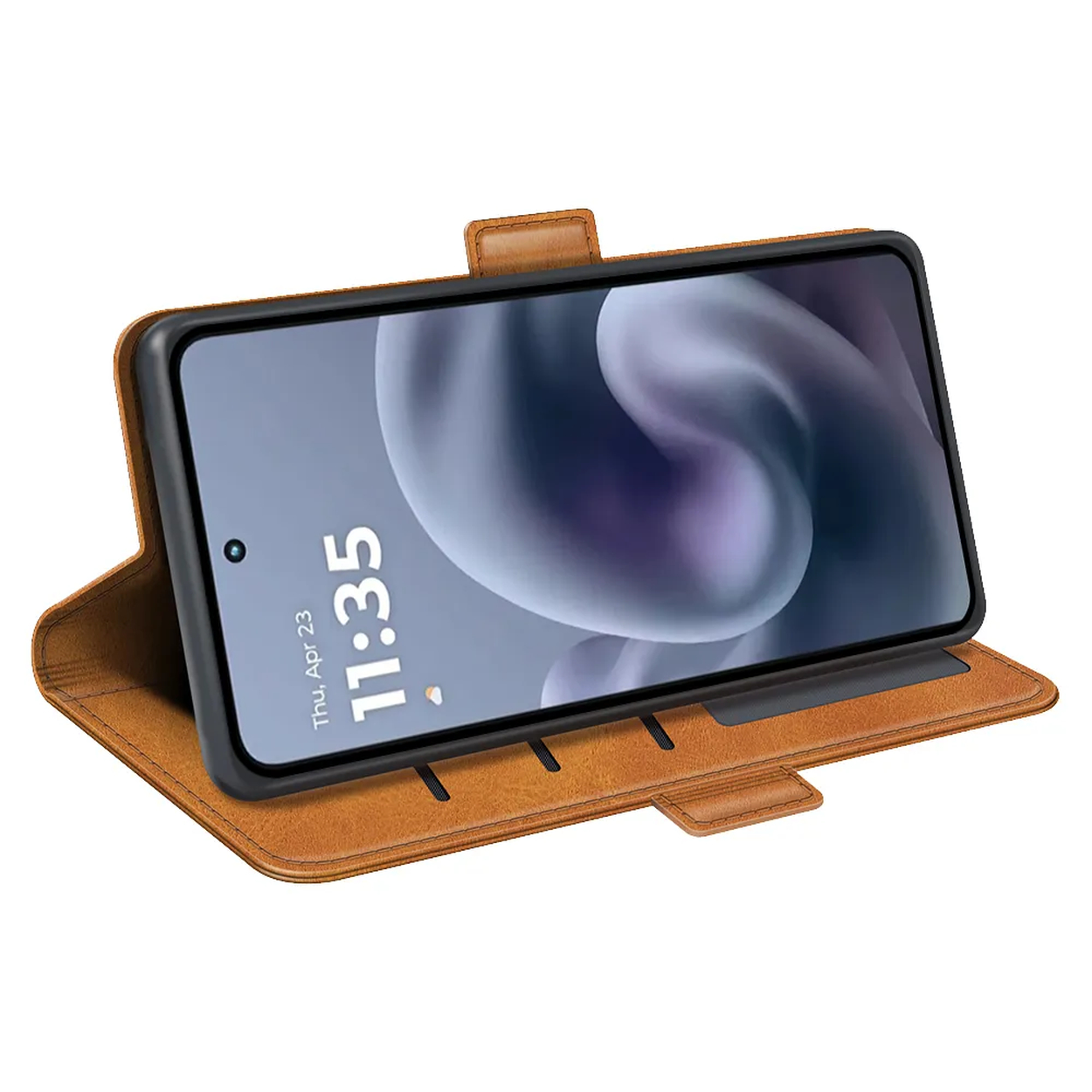 Een smartphone in een bruine leren hoes wordt getoond. Het scherm toont de tijd 11:35 en de datum. De hoes is open.
