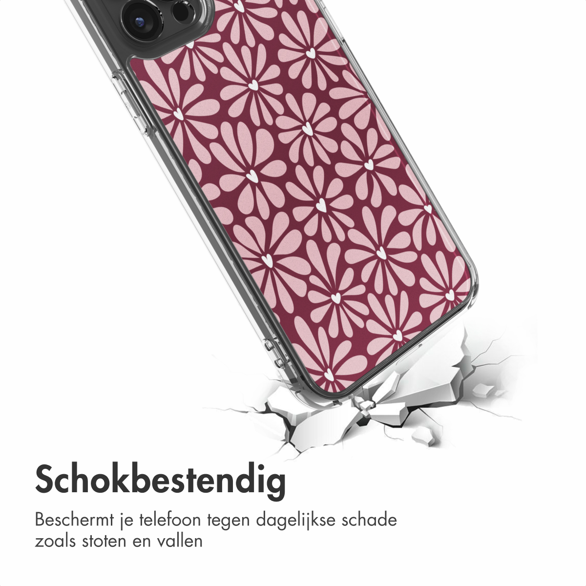 Ein Telefoncase mit rosa Blumenmuster. Das Case fällt und zerbricht den Boden. Text: Stoßfest.