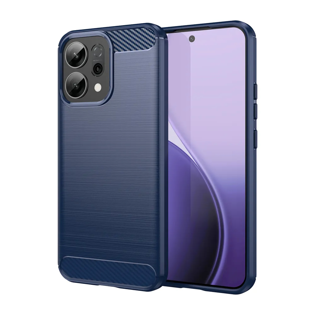 Een donkerblauwe telefoonhoes en een telefoon worden getoond. De hoes heeft een textuurafwerking en cameralenzen. Het scherm is paars.