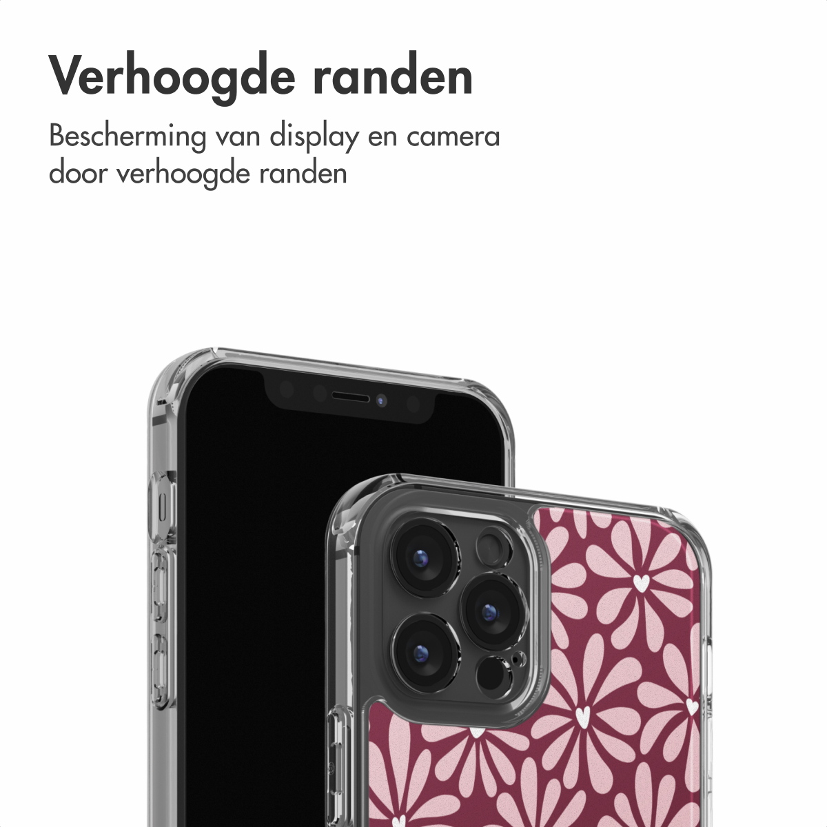 Zwei Smartphones mit transparenten Hüllen. Eine Hülle hat ein Blumenmuster aus weißen Blütenblättern auf burgunderrotem Hintergrund.