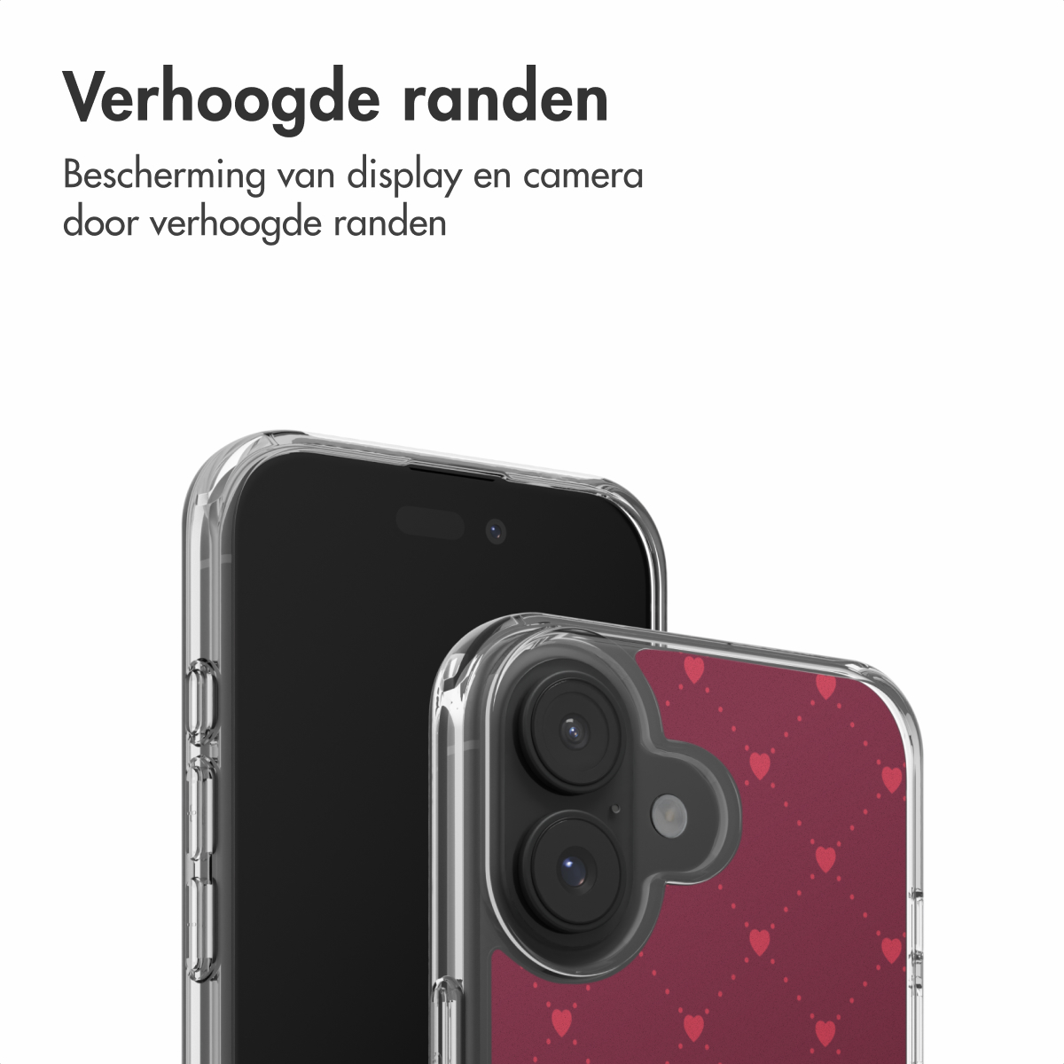 Twee telefoons met beschermhoezen. Eén telefoon staat in focus. De hoezen zijn transparant en de achterkant heeft een rood hartpatroon.