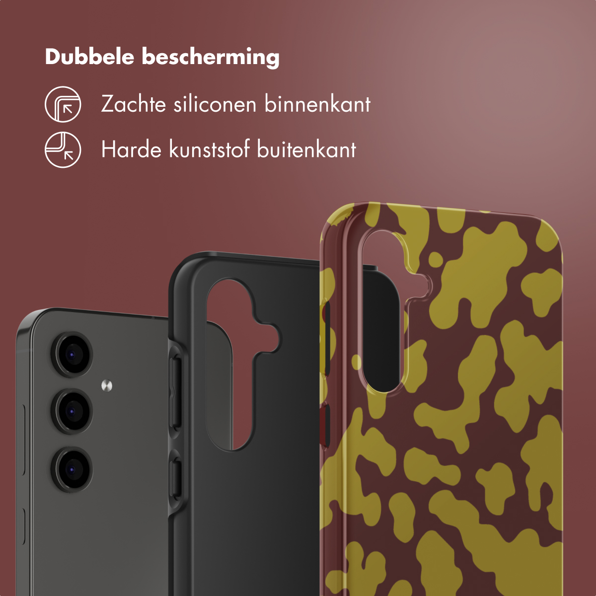Vengono mostrate tre custodie per telefono. Una nera, una con un motivo marrone e giallo e un telefono scuro. Lo sfondo è una sfumatura marrone.
