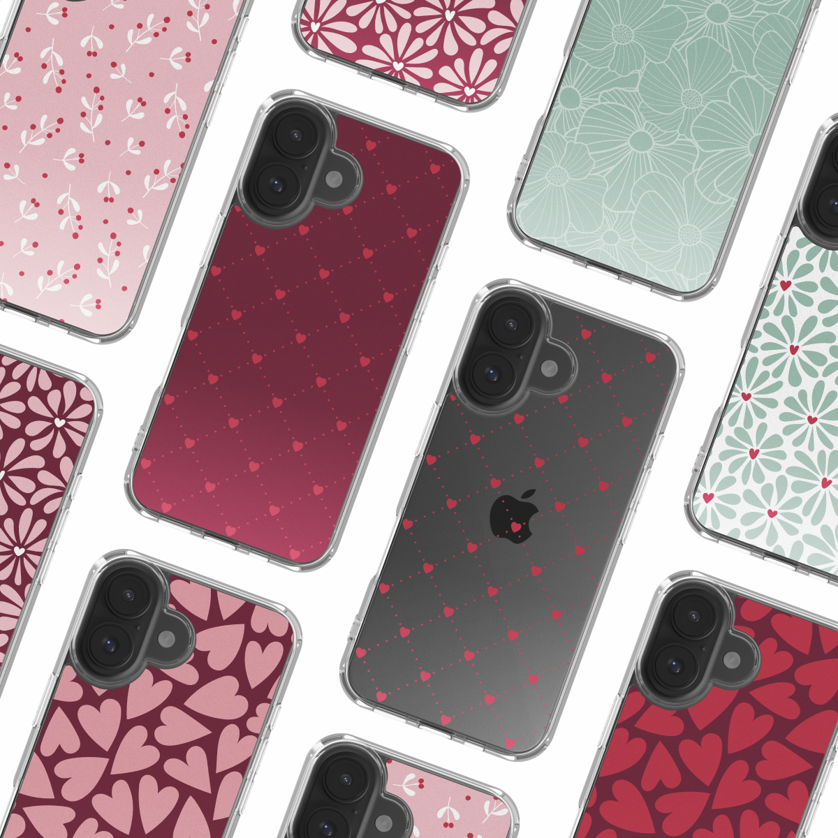 Verschillende telefoonhoesjes met patronen zoals harten en bloemen. De hoesjes zijn in verschillende kleuren, rood, roze en groen, op een witte achtergrond.