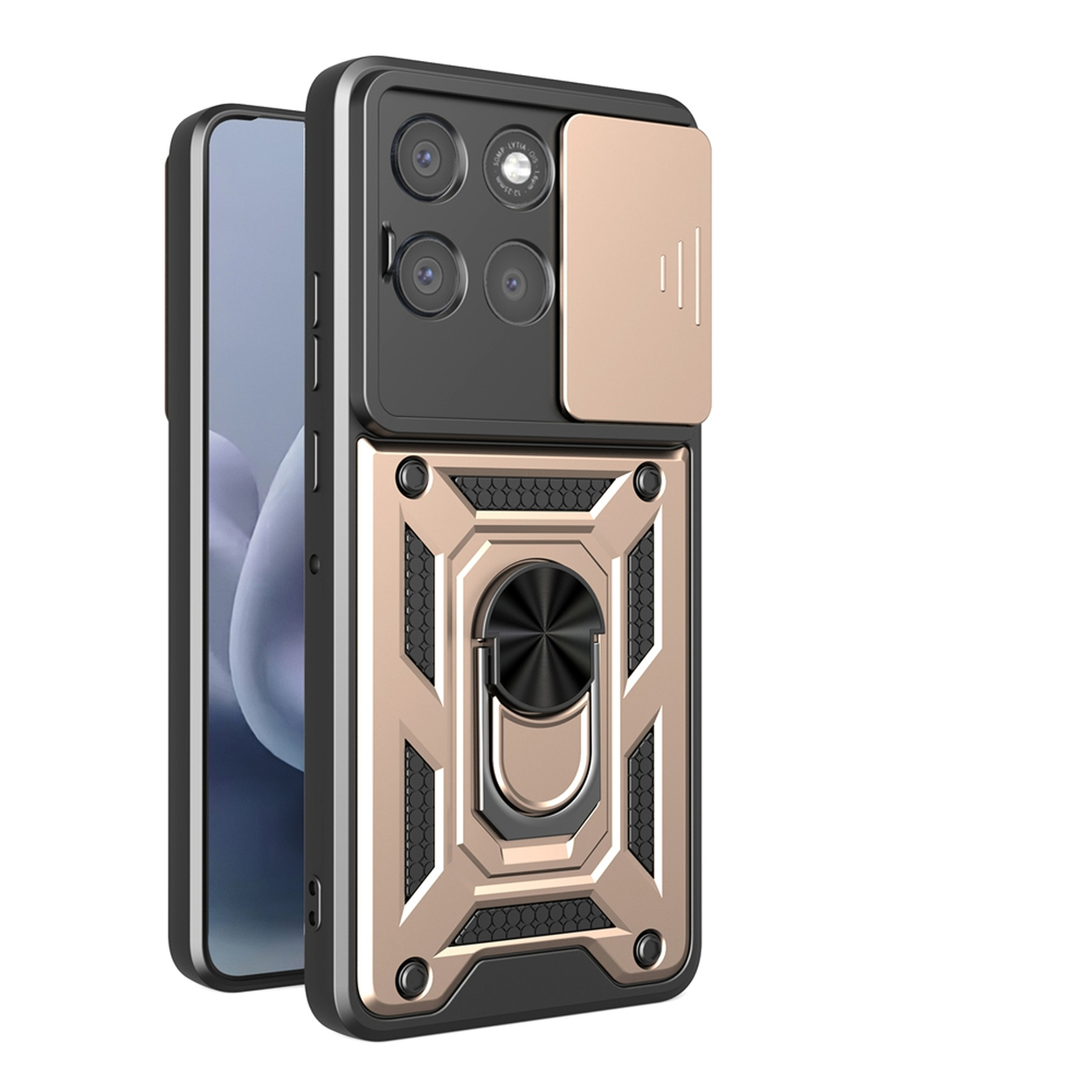Een smartphone in een beschermhoesje. De hoes is zwart en goud. Het heeft een cameralensafdekking en een ringhouder. Het scherm is zichtbaar.
