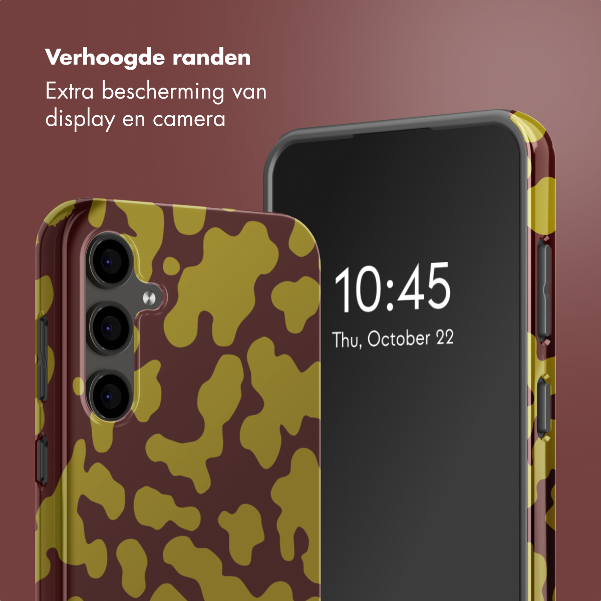 Due smartphone con custodie decorate. Uno mostra l'ora 10:45 e la data, l'altro la fotocamera e i pulsanti.