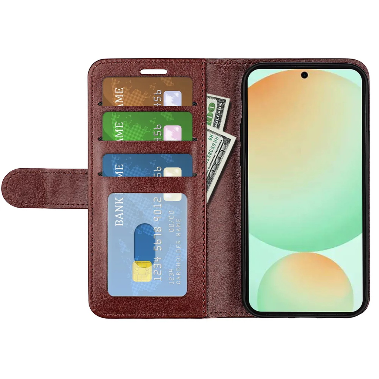 Een bruine leren telefoonhoes met kaarten en een telefoon. Kaarten lezen 'ME' en 'BANK'. Een biljet zit in de hoes.