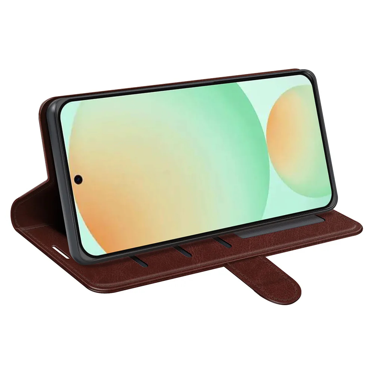 Een bruine leren telefoonhoes is open, met een telefoon erin. Het scherm toont groene en oranje cirkels.