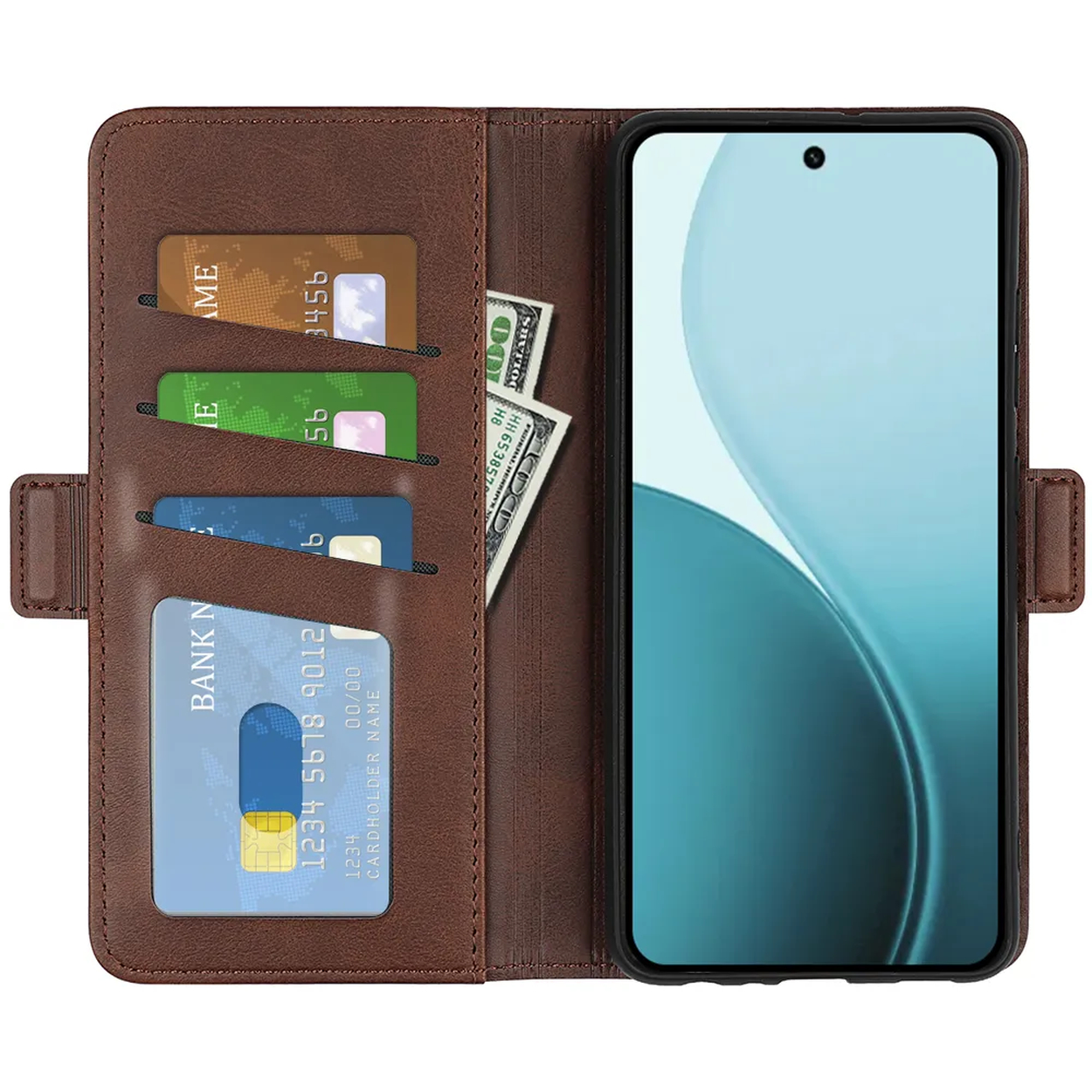 Een bruine leren telefoonhoes met een smartphone, drie kaarten en wat USD-biljetten. Het telefoonscherm is blauw.