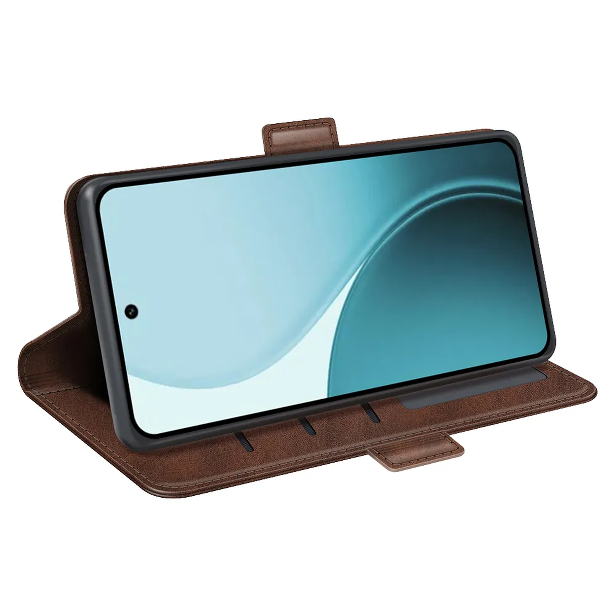 Een bruine telefoonhoes met een telefoon erin. Het scherm toont een lichtblauwe en witte achtergrond. De hoes is open.