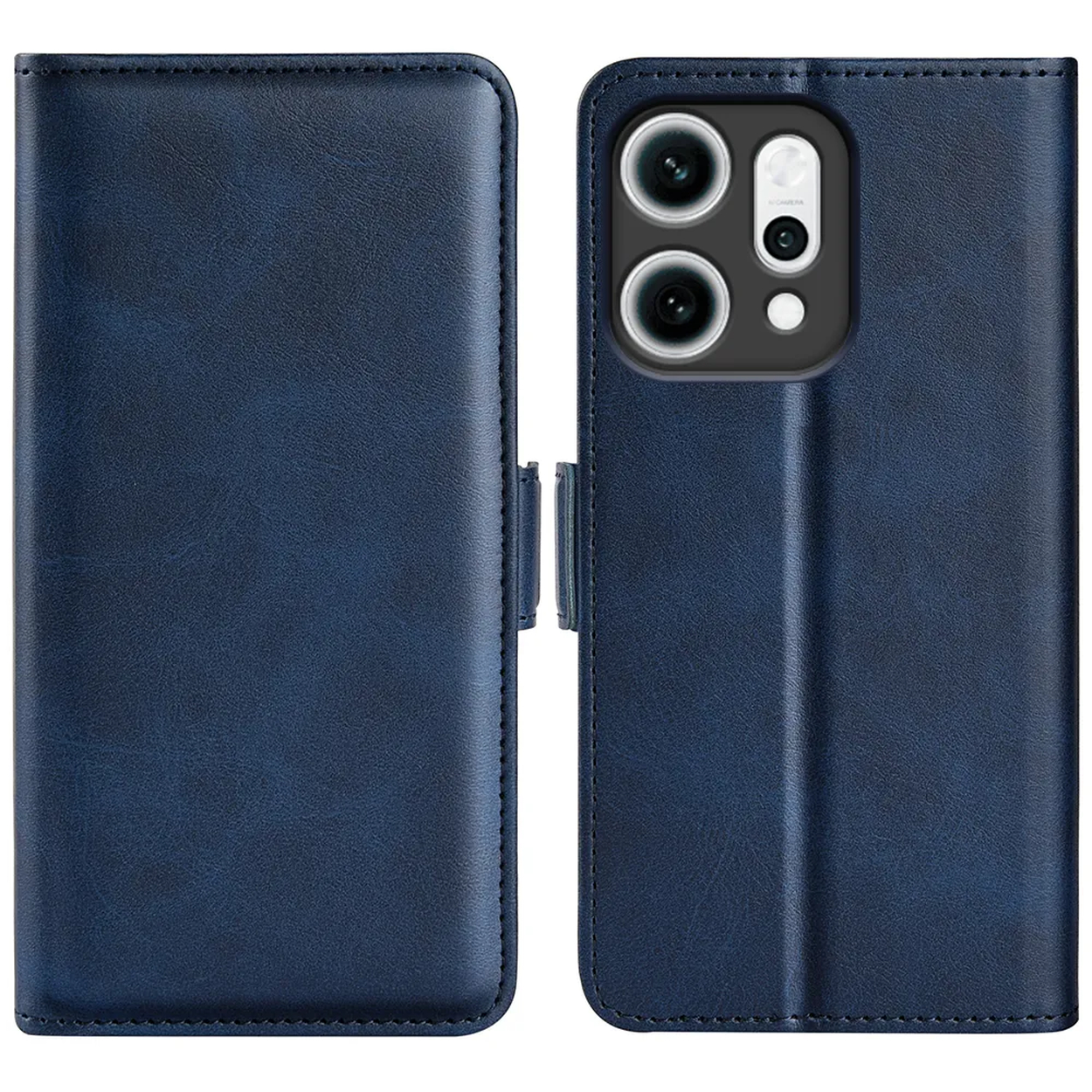 Blauwe leren telefoonhoes, open. Toont de achterkant van de telefoon met cameralenzen. De hoes heeft een magnetische sluiting.