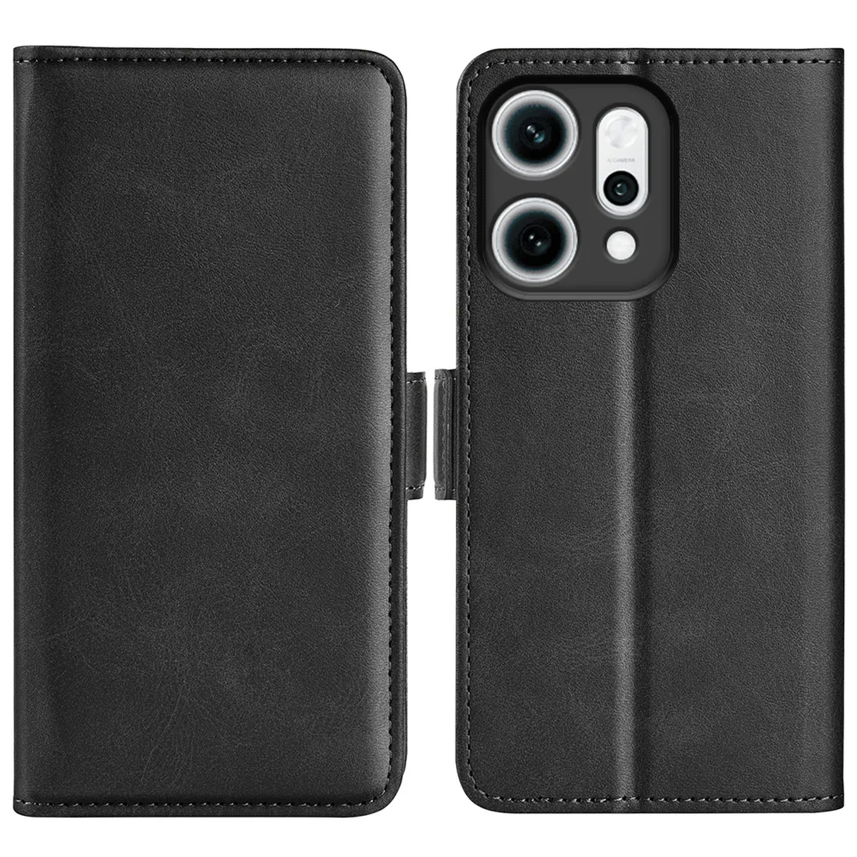 Zwarte leren telefoonhoes, opengeklapt om de telefoon te tonen. Zichtbare cameralenzen. De hoes heeft een magnetische sluiting.