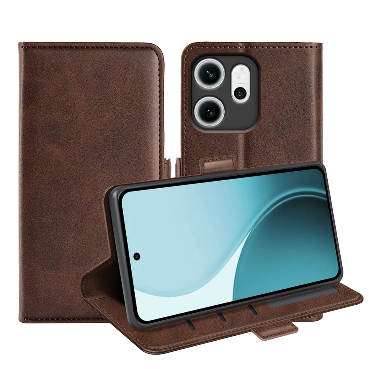 Een bruine leren telefoonhoes met een telefoon erin. De hoes is open, toont het telefoonscherm en heeft een cameramodule.