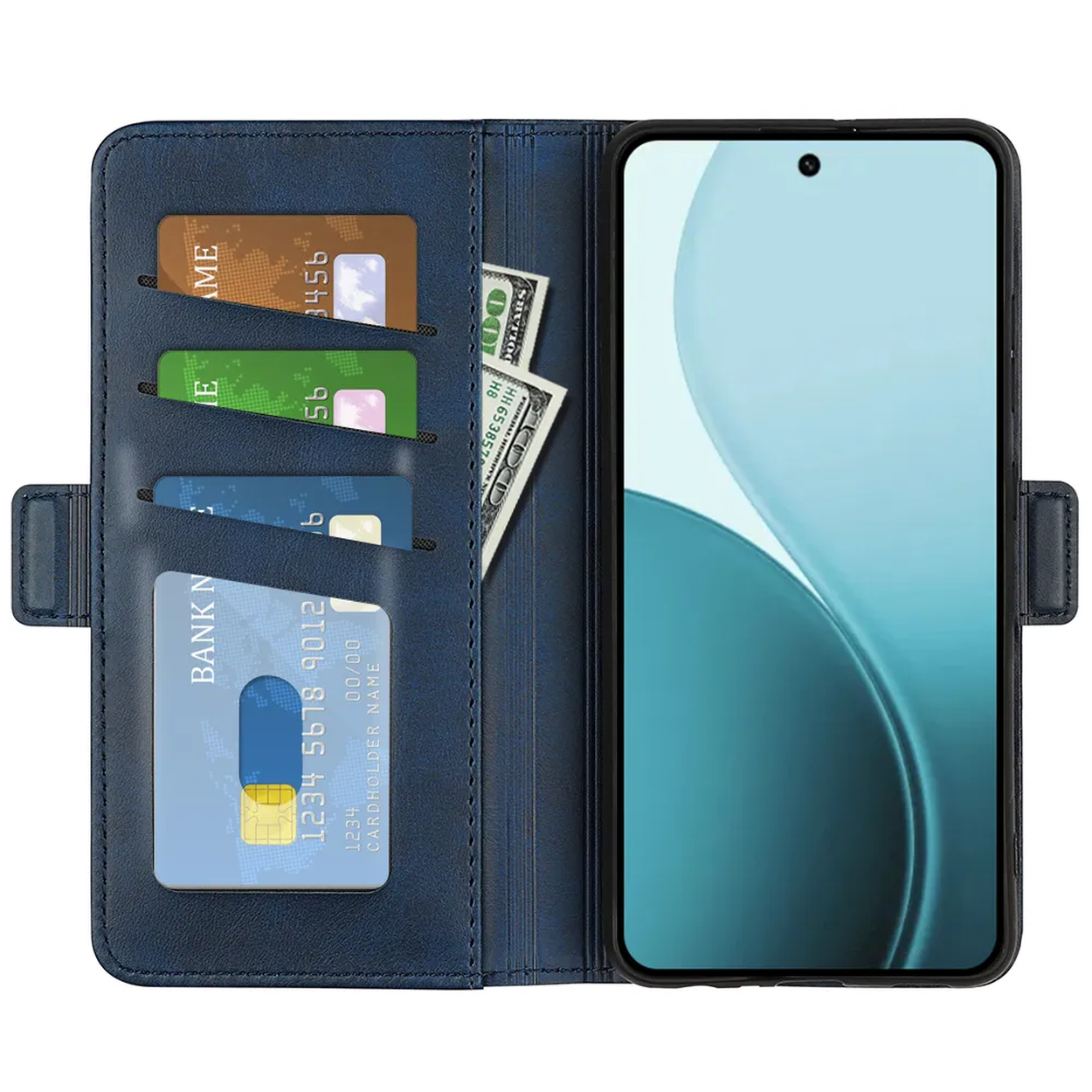 Een blauwe telefoonhoes open, met een telefoon, creditcards en dollarbiljetten. De telefoon staat rechts op de afbeelding.