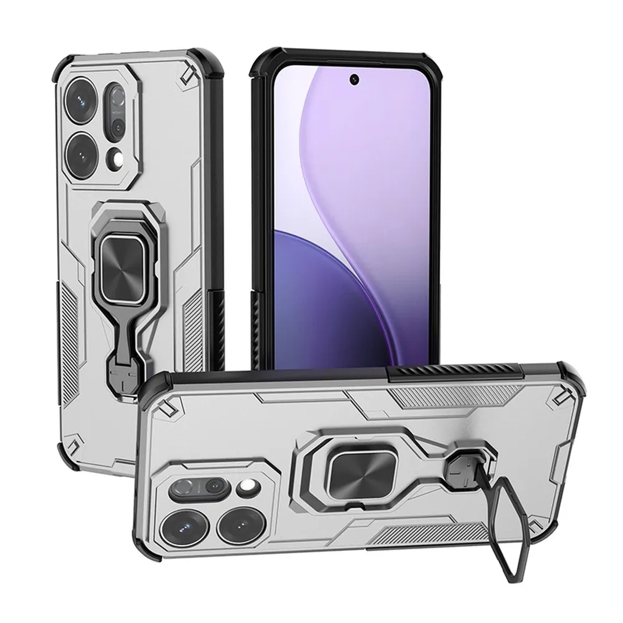 Coques de téléphone argentées avec bords noirs. Un étui contient un téléphone, les autres sont affichés. Chacun a un support de bague et des découpes pour appareil photo.