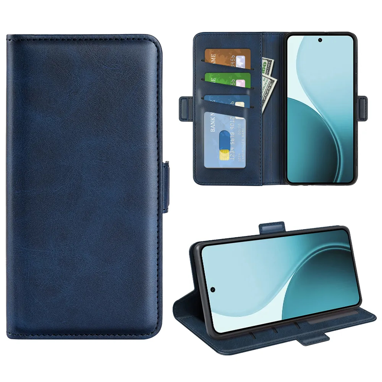 Een blauwe telefoonhoes met een telefoon erin, met sleuven voor creditcards en een vak voor contant geld. De telefoon wordt in drie verschillende weergaven weergegeven.