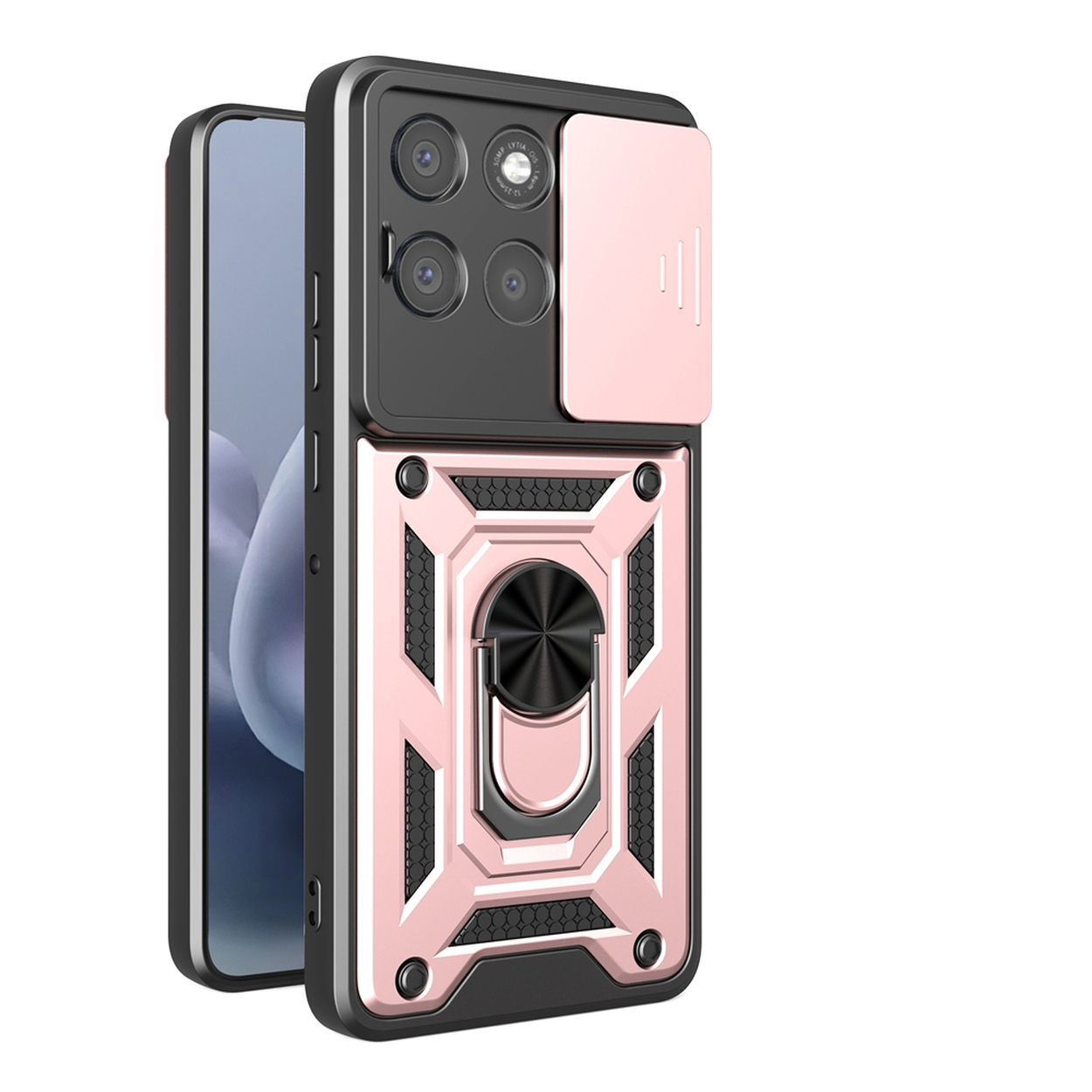 Een roze gouden en zwarte telefoonhoes met een ringhouder en camerahoes wordt getoond. Een telefoonscherm is zichtbaar in de hoes.