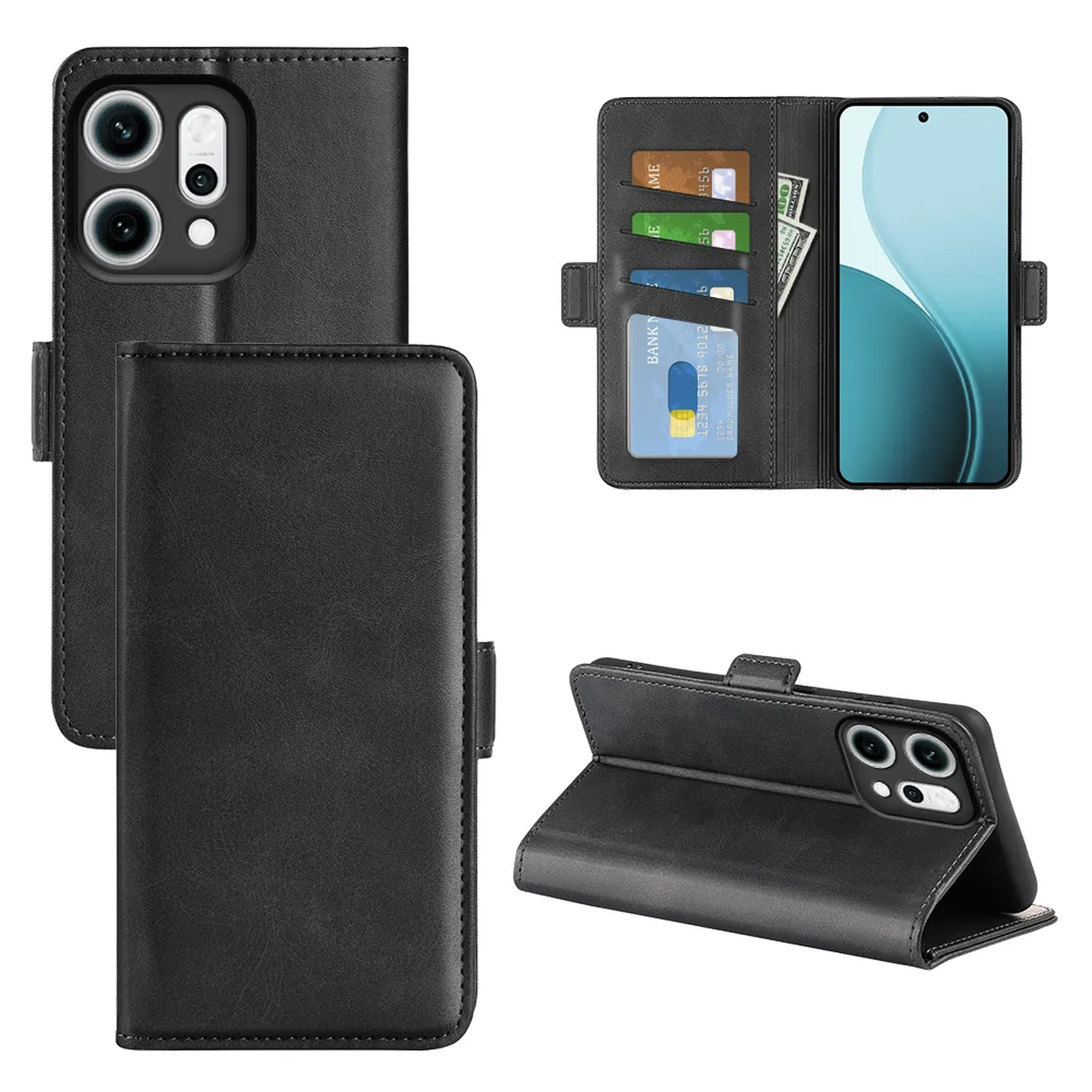 Zwarte telefoonhoes met portemonnee-functie. Bevat sleuven voor kaarten en contant geld, en een ingebouwde standaard. Telefoon zichtbaar.