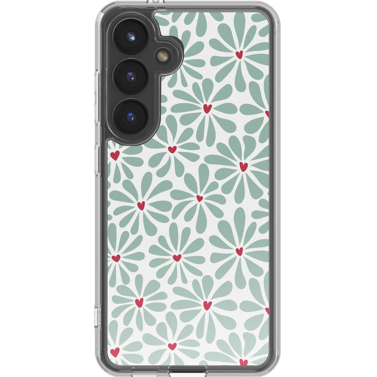 Een telefoonhoesje met een bloemenpatroon. Lichtgroene bloemblaadjes omringen rode hartcentra op een witte achtergrond.