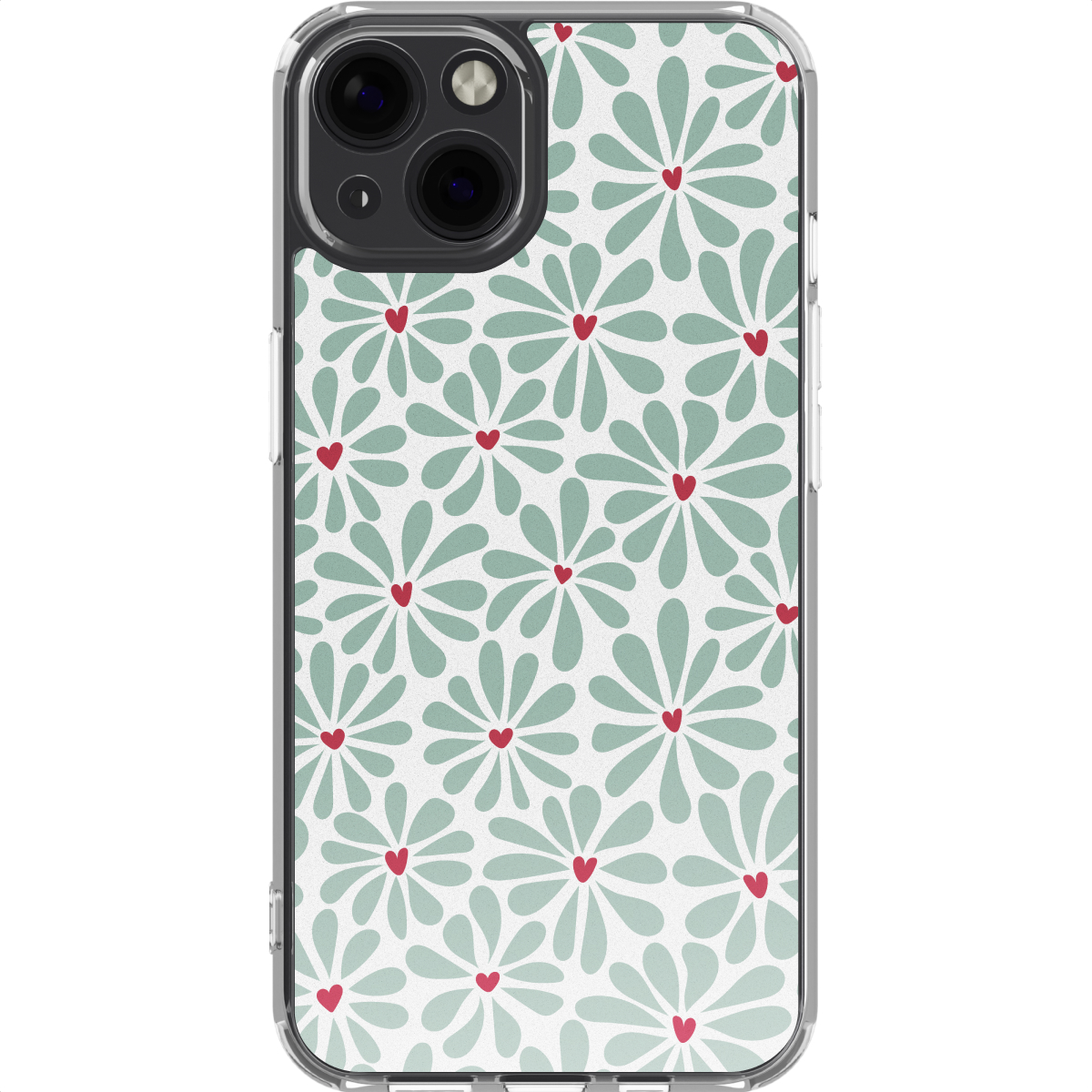 Custodia per telefono con motivo floreale. Petali di fiori verde chiaro con cuori rossi al centro, su sfondo bianco.