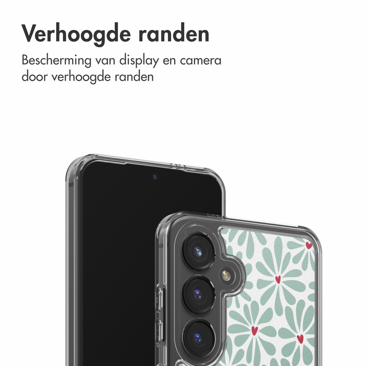 Een smartphone met een beschermhoesje. De hoes heeft een bloemenpatroon met groene bloemblaadjes en rode hartjes. Het scherm is zwart.